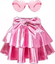 [Fengyue] Girls Metallic Skirts Tie up Skater Skirt Sparkly Hot Festaval Outfit with Accessories