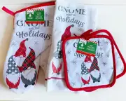 New Christmas House 4 Piece White Red Gray Potholder Oven Mitt Kitchen Towel Set