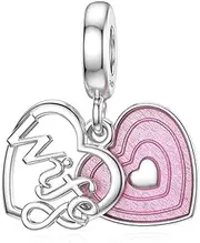 [SEVENWELL] Mother Daughter Sister Wife Nana Charm for Pandora Charms 925 Sterling Silver Doulbe Heart Family Charm with Pink Enamel