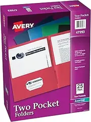 Avery Two Pocket Folders, Holds up to 40 Sheets, Business Card Slot, 25 Assorted Folders (47993)