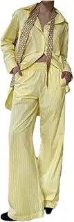 [Generic] Women's Casual Vertical Striped Cotton Two-Piece Lapel Bright Color Long Sleeved Button Up Shirt High Waisted Straight Leg Pants Set
