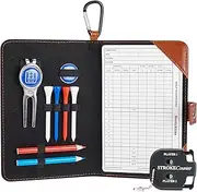 Golf Scorecard Holder n Yardage Book Cover in Genuine Leather - Divot Repair Tool, Ball Marker, Golf Tees, Pencil n Scorecards, Scorer Included, Golfers Handy Picks