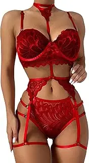 [Generic] Women Hang Neck Lace Lingerie Set Babydoll Strappy Bra and Panty Sets Underwire Sexy Garter Skirt Bodysuit Lingerie