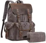 Vintage Leather Canvas Backpack, Waxed Canvas Shoulder Rucksack with Toiletry