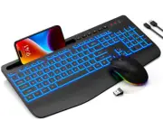 Wireless Keyboard and Mouse Combo - 7Color Backlit, Wrist Rest, Rechargeable, Si