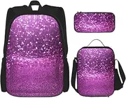 [StOlmx] 3 Pcs Set Backpack,Waterproof Bookbag, Insulated Lunch Bag & Pencil Case Pouch, Travel,Hiking,Sloth-Pink Print, Sparkling Purple Glitter, One Size