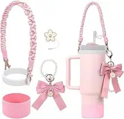 Stanley Cup Accessories Set, Bow Pearl Chain Braided Design Water Bottle Handle Strap, Silicone Stanley Cup Boot, Stanley Charms for Stanley Cup 30/40oz Tumble