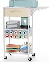 Craft Cart and Organizer Table Compatible with Craft Cutting Machine - Rolling Storage Organizer with Drawer & Vinyl Roll Holder, Crafting Table Workstation Holder for Craft Room Home Office (White)