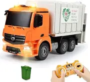 DOUBLE E Remote Control Garbage Truck 8 Channel Electric Stirring with Trash Bin Sounds Lights 2.4Ghz Sanitation Vehicles Toy