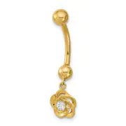14K Yellow Gold 14 Gauge Dangle Flower Cz Belly/Navel Ring Body Jewelry