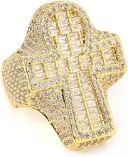 [LuxeFlex] Men's Fully Iced Out 14K Gold Plated Hip Hop Rings, CZ Simulated Diamond Ring for Men, Punky Rapper Style Finger Charm, Baguette Cross Pinky Ring Underground College Event Fashion Jewelry Gift