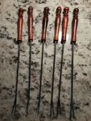 Vintage Set of 6 Fondue Forks Stainless Steel Wood colored ends Mid Century Mod