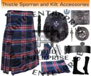Highland Men's Handmade Black Stewart Tartan 8 yard Kilt & Accessories Package