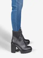 Black Leather Heeled Combat Boots