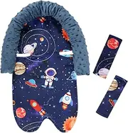 Baby Head Support and Strap Cover for Car Seat, Mink Infant Carseat Headrest for Boys, Newborn Car Seat Insert Cushion for Strollers, Space