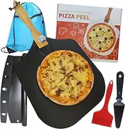 Aluminum Metal Non Stick Pizza Peel 14 inch with Pizza Cutter Rocker, Baking Brush, Pie Server, Pizza Paddle with Foldable Long Wood Handle for Baking Homemade Pizza Bread