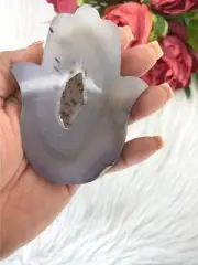 Druzy Agate Hamsa Hand - Blue Agate Carved Hamsa Hand - Hand of Fatima Carving
