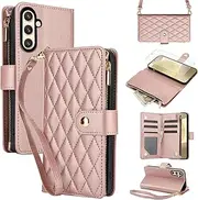 [Asuwish] Mobile Phone Case for Samsung Galaxy S24 5G Case with Strap Film Screen Protector Card Slot Foldable Leather Wallet Stand S 24 24S S24 Case Mobile Phone Cases Protective Zip Phone Case Rose