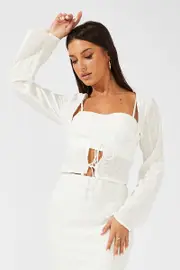 White Top Set Long Sleeve Square Neck Cami Tie Front - Size 16, Women's Crop Top