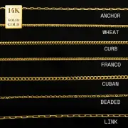 14K Solid Gold Necklace Chain ANCHOR, FRANCO, LINK, CURB, CUBAN, BEADED, WHEAT