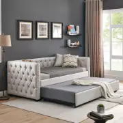 Twin Size Daybed w/Trundle Button&Copper Nail Upholstered Tufted Sofa Bed New US