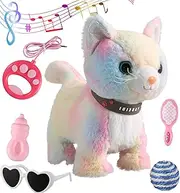 Colorful Leash Walking Cat Set Singing That Purrs and Meows Animated Plush Robot Kitten Moving Plush Realistic Stuffed Animal Remote Control Cute Robotic Kitty Toy