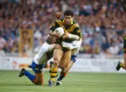 Denis Betts and Ellery Hanley of Great Britain rugby league tackl - Old Photo 1