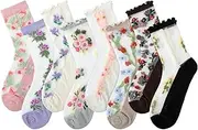 [Suhine] 8 Pairs Floral Sheer Sock Women Embroidered Jacquard Crystal Glass Socks Thin Mesh Lace for Summer