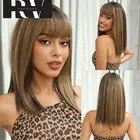 Medium Length Brown Wig Synthetic Mixed Color Hair Wigs with Bangs for Women