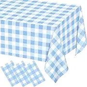3 Pack Light Blue Gingham Tablecloth Rectangular Pale Blue and White Checkered Tablecloths Disposable Plastic Plaid Table Cover for Parties, Outdoor Picnic, Birthday, Wedding, Camping 54 × 108 Inch