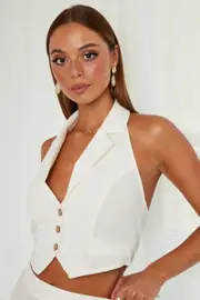 White Button Top Through Collared Vest Top - Size 12, Women's Crop Top