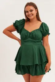 Green Short Playsuit Puff Sleeve Linen Blend