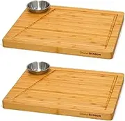 DuneDesign Set of 2 - Bamboo Serving Board with Dip Bowl - 30x25cm Wooden Steak Plate Food Platter