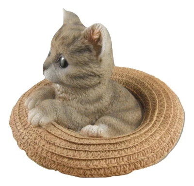 Money Box Statue Ornament Figurine Home Decor - Gray Cat in a Straw Hat