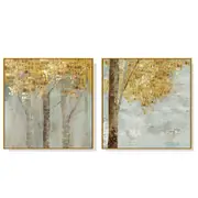 50Cmx50cm Golden Leaves 2 Sets Gold Frame Canvas Wall Art
