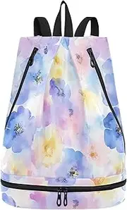 Yoogain Watercolor Art Flowers Blue Drawstring beach bag beach drawstring backpack with Wet Dry Compartments, Watercolor Art Flowers Blue, 1 size