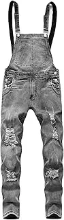 [Generic] Mens Denim Dungaree Bib Overalls Jumpsuits Wash Distressed Pocket Casual Jumpsuit Jeans Vintage Ripped Suspender Pants, Gray, Large, Classic, Gray, Large, Classic