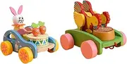 Boys and Girls Pull Along Toy 2 Pcs Cartoon Animal Tractor Handmade Wooden Toy for Fine Motor Skills and Early Walking Random Color