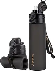 TakeToday Collapsible Water Bottles 20oz, Leak Proof, BPA-Free, Foldable Silicone Travel Water Bottle with Straw Strap for Cycling, Hiking, Outdoors (Black)