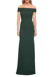 La Femme Ruched Off the Shoulder Net Jersey Evening Dress in Emerald at Nordstrom, Size 10
