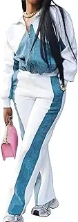 [Cupitool] Women Track Suit 2 Piece Outfits Patchwork Long Sleeve Zipper Up Crop Top and Straight Leg Pants Set Sweatsuits