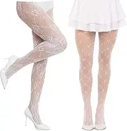 [Joalpysm] 2 Pairs White Lace Tights, White Fishnet Tights with Love Heart Valentine's Pattern, Fashion Floral Patterned Tight for Women, Women High Waist Patterned Stockings, white, One Size