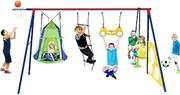 OGL 6in1 Kids Swing Set Seesaw Basketball Hoop Football Soccer Goal Tent Ladder Trapeze Bar Climbing Saucer Child Outdoor Playground Activity Centre