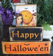 Primitive Halloween Shelf Sitter Blocks Stackables Happy Halloween Pumpkin Bats