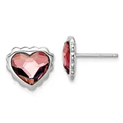 Sterling Silver Rhodium-Plated Pink Crystal Heart Post Earrings