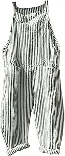 [Chartou] Women Oversized Summer Casual Stripes Cargo Jumpsuit Wide Leg Bib Overall Striped Linen Pants Dungarees Pocket