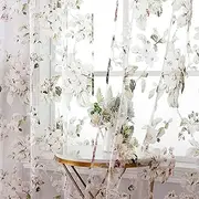 [BROSHAN] Floral Print Sheer Room Curtains, Pretty Pink Flower Curtain Sheers Sage Green Leaves Pattern Bedroom Curtain Set of 2 Botanical Voile Tulle Window Curtain Panels Rod Pocket