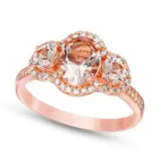 Previously Owned - Oval Morganite and 0.20 CT. T.W. Natural Diamond Frame Three Stone Engagement Ring in Solid 14K Rose Gold