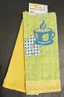 New Bright Green Yellow Cotton Applique & Waffle 2 Kitchen Towels Floral Teacup