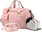 [Epzia] Pink Gym Bag for Women, Waterproof Travel Duffle Bag Carry On Weekender Bag with Shoe Compartment & Wet Pocket, Gym Tote Bag for Travel, Workout, Sport